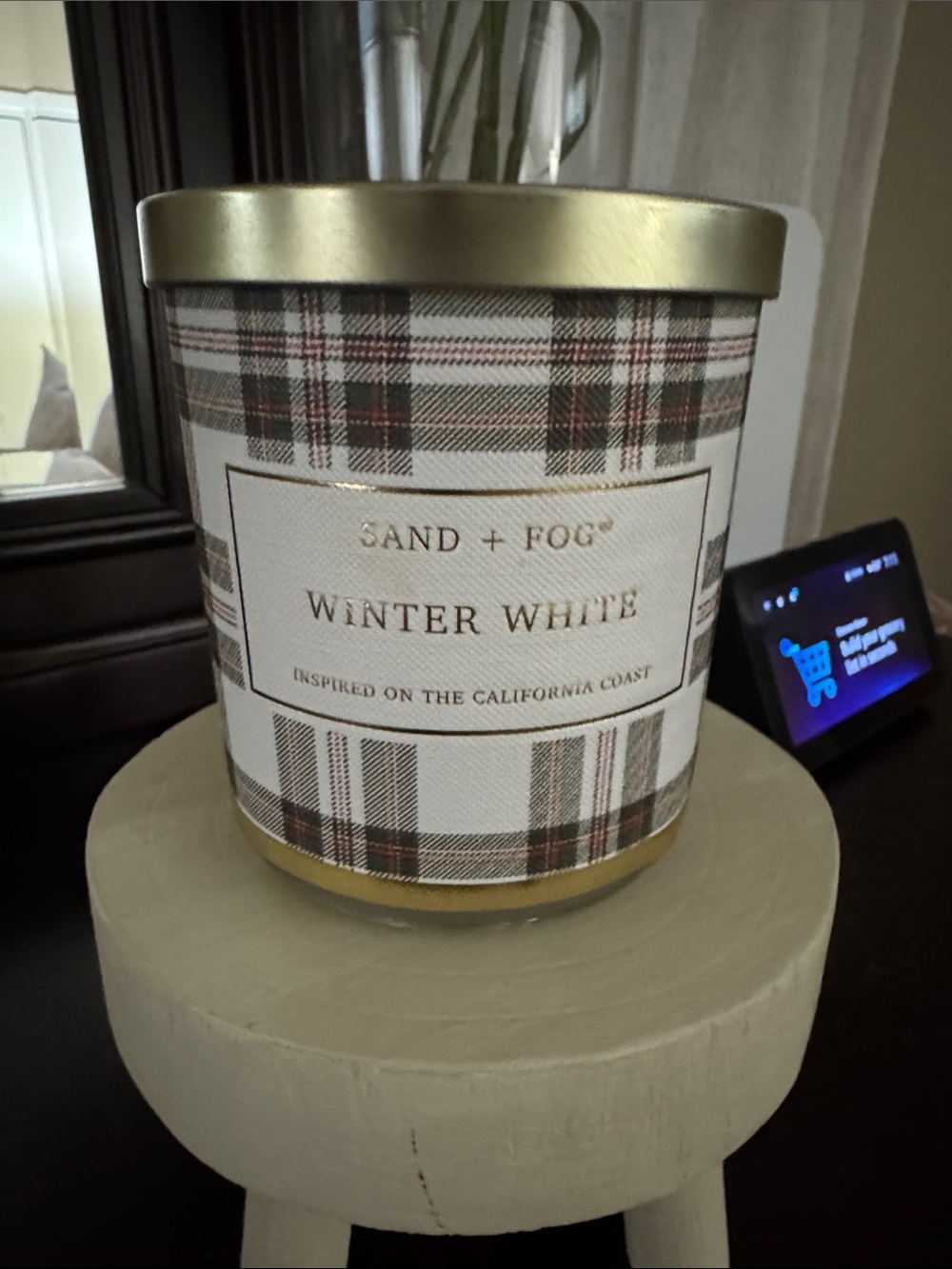 Sand + Fog Winter White Plaid Holiday Candle with Gold Lid